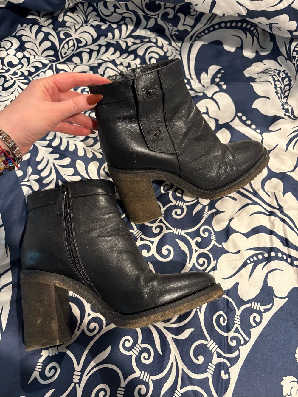 Chanel Shimmer Black Ankle Boots with Black Chanel Logo and Thick Heel 39.5
